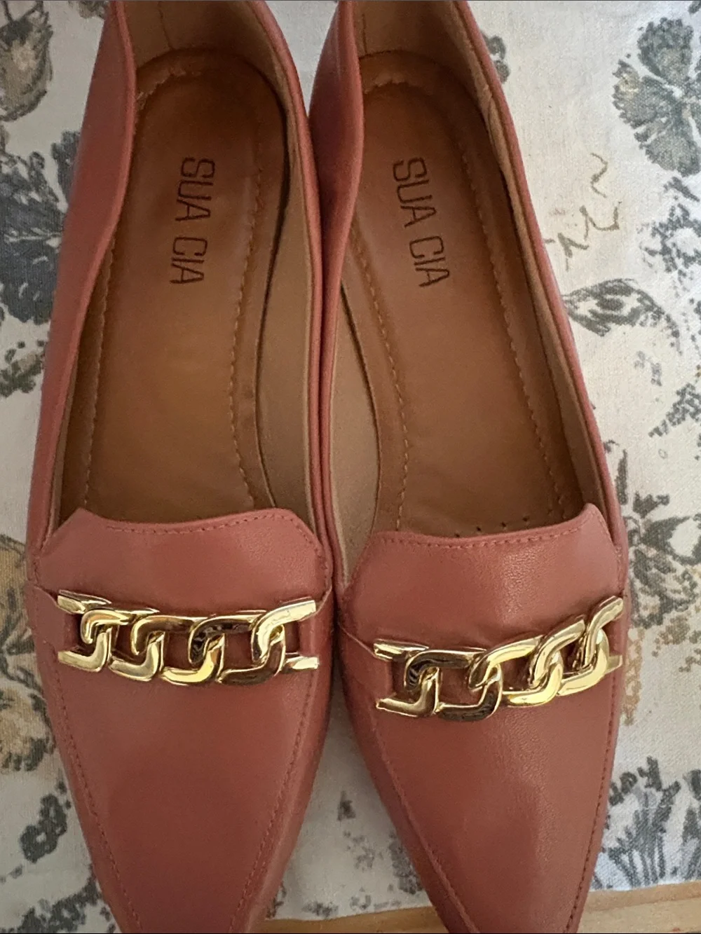 Pink Leather Chain-Trim Loafers